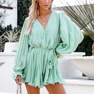 NEW VICI Collection Found Love Pleated Long Sleeve Romper - Mint - Size Medium